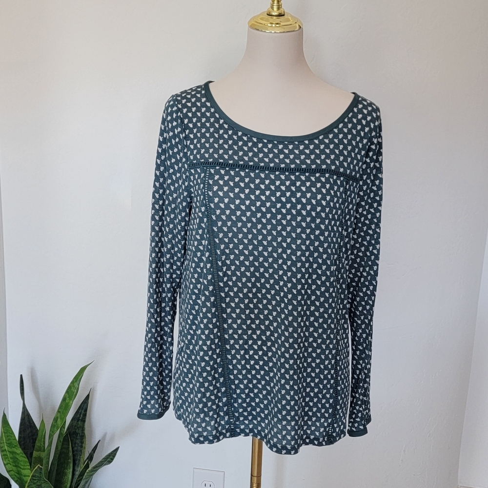 Boden Claudia Long Sleeve Round Neck Blouse Turquoise And White Size 12 = Large